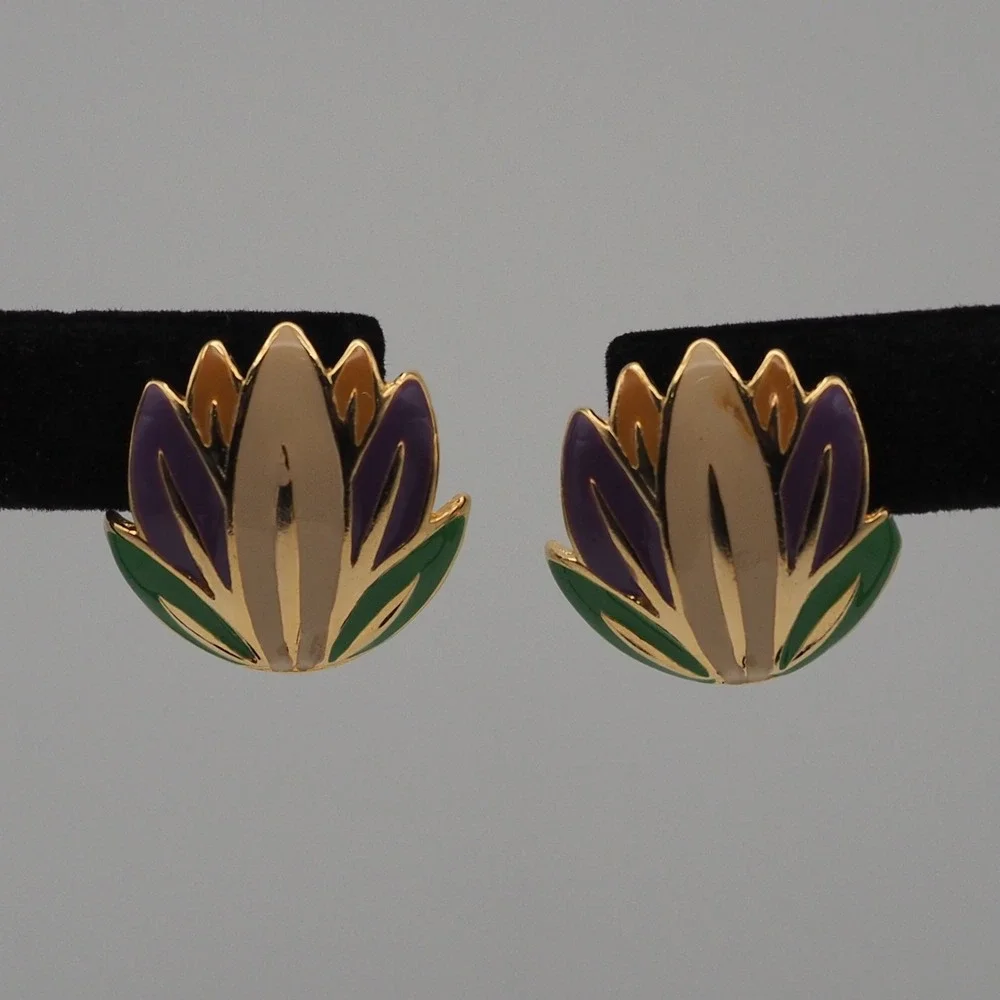 Vintage Enamel Lotus Flower Earrings Purple Green Gold Tone Pierced Mardis Gras
